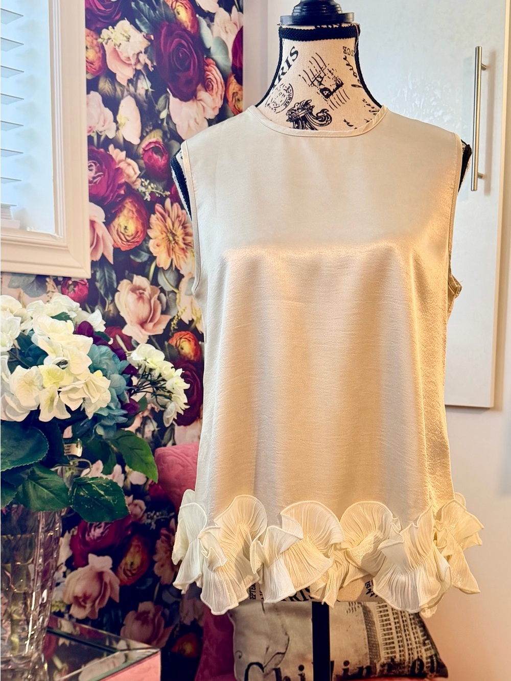 Sleeveless Cream Ruffle-Hem Satin Tank Top